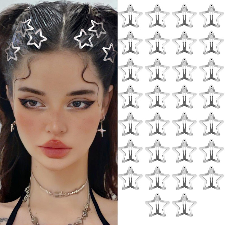 Star Hair Clips 2000s Y2K Snap Hair Barrettes Non Slip Star Hair Accessories Silver Metal Hair Clips for Girls Women 30