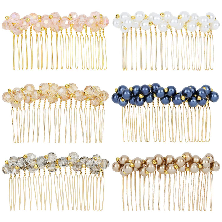 Lawie 6 Pack Luxury Fancy Jeweled Gems Crystal Diamond Pearl Rhinestone Glitter Sparkly Decorative Metal Side Hair Combs