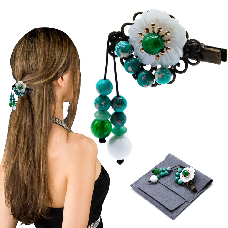 Retro Natural Jade Gemstone Hair Barrette for Women Chinese Hanfu Vintage Hair Accessories with Tassel Jewelry for Chine