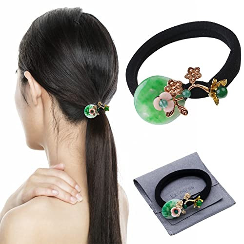 Vintage Chinese Natural Jade Gemstone Hair Tie Retro Hair Accessories for Women Flower Hair Elastic Rope Emerald Pearl P