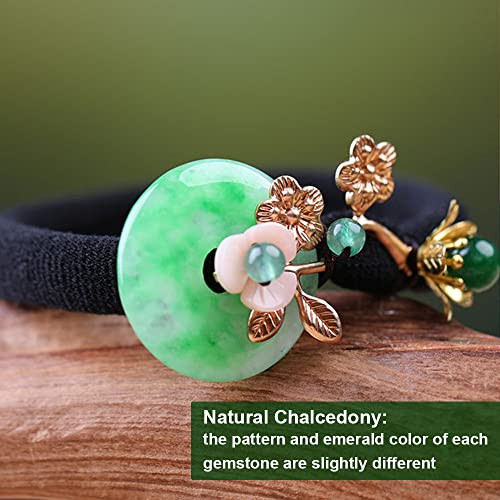Vintage Chinese Natural Jade Gemstone Hair Tie Retro Hair Accessories for Women Flower Hair Elastic Rope Emerald Pearl P