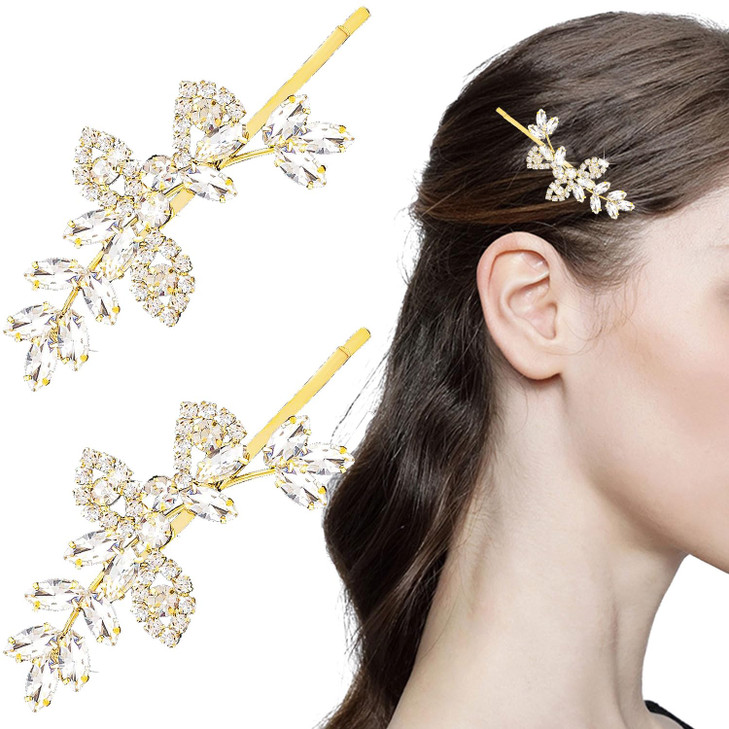 BOYIVI 2 Pieces Wedding Hair Pins Rhinestone Bridal Hair Clips Leaf Hairpin Bridal Crystal Hair Clip Gold Jewelry Barret