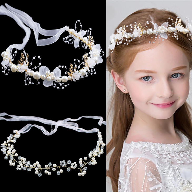 3 Pieces Flower Girls Headpiece Wrist Corsage for Bridesmaid Crystal Pearls Headpiece Princess Hair Accessories Bridal H
