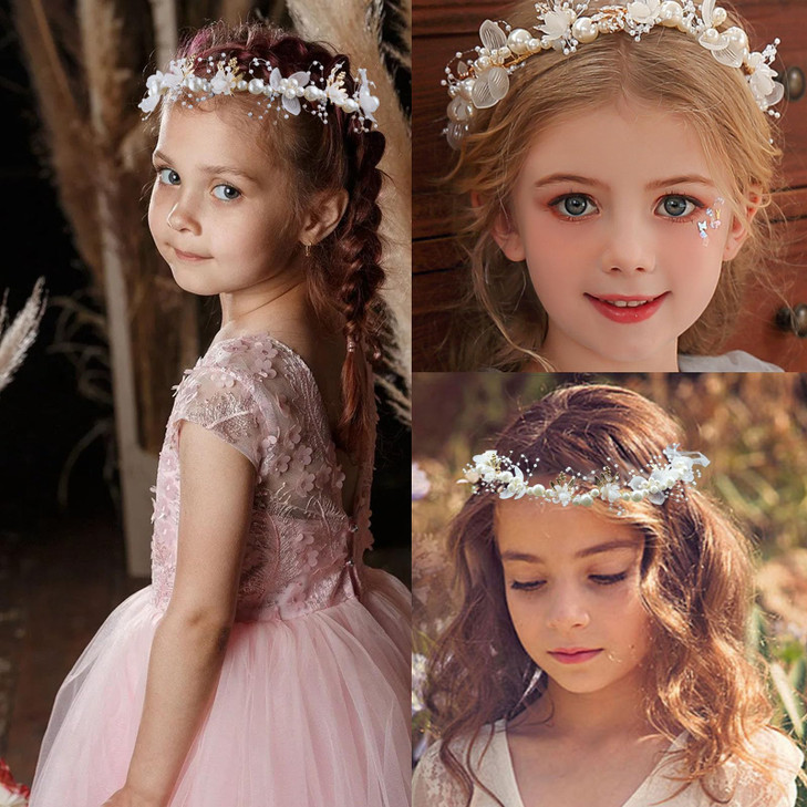 3 Pieces Flower Girls Headpiece Wrist Corsage for Bridesmaid Crystal Pearls Headpiece Princess Hair Accessories Bridal H