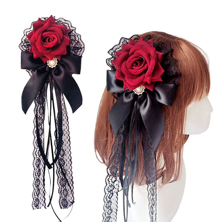 Rose Bow Hairpin Lace Ribbon ElegantCute Retro Handmade Hair Bride Accessories Birthday Halloween Cosplay Women Girl Dec