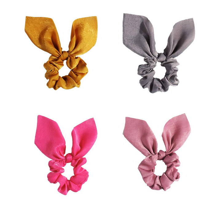Solid Colors Hair Scrunchies Cute Bunny Ears Hair Ties Ponytail Holders with Bow Women Girls 4 ColorsCLight pinkYellowGr