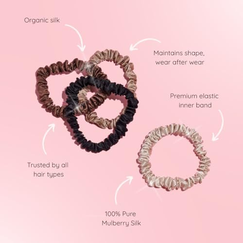 SILKIE x4 Set Forget Satin 100 Pure Mulberry Silk Black Brown Skinny Scrunchies Travel Pouch Everyday Hair Ties Elastics