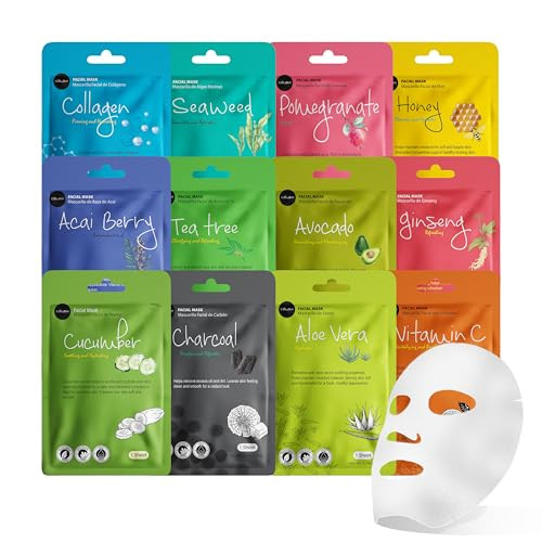 Celavi Essence Facial Sheet Face Mask Variety Set Classic Authentic Korean Moisturizing Skincare 12Packs