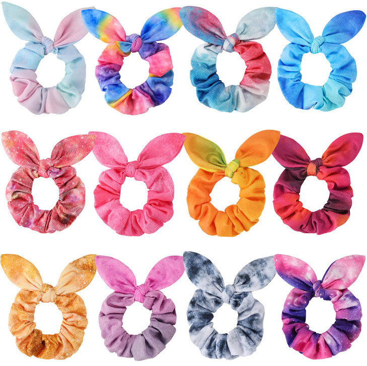 Bow Scrunchies for Hair Funtopia 12 Pcs Cute Rabbit Bunny Ear Scrunchies Fashion Colorful Tie Dye Scrunchy Hair Ties Bow