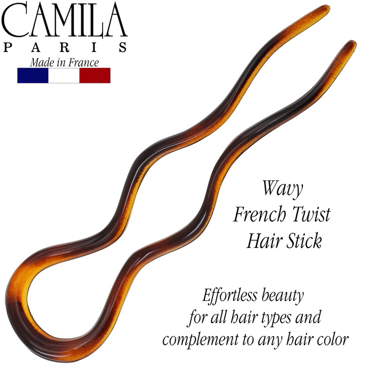 Camila Paris CP140 French Twist Stick Hair Fork 2 Large Wavy U Shaped Hair Pin Clip for Spiral Updo and Bun Tortoise She