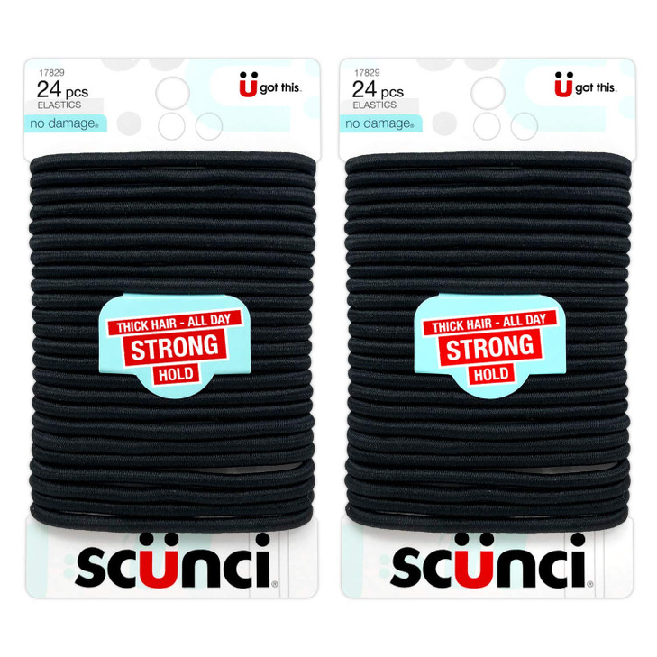 Scunci Thick Hair Black Elastics All day strong hold NoDamage 5mm thickness 24Pieces per pack 2Pack