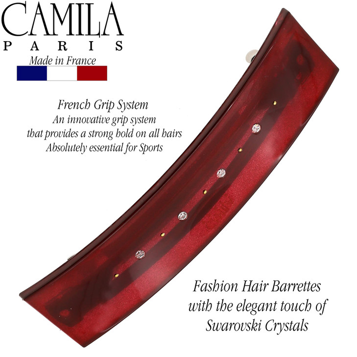 Camila Paris CP3190 French Hair Barrette Clip for Girls Red Rubberized Automatic Clasp Strong Hold Grip Hair Clips for W