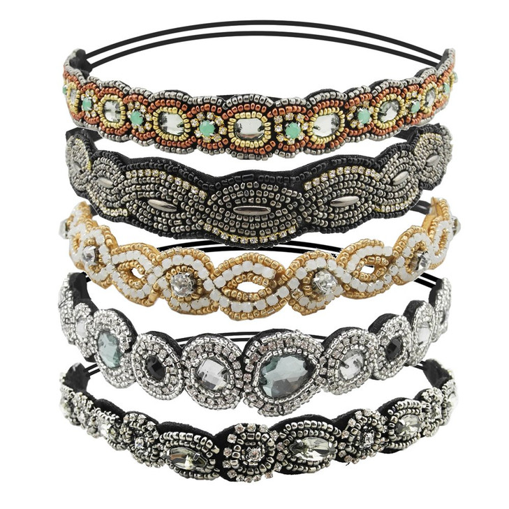 INSPIRELLE 5 Count Beaded Elastic Headband Fashionable Handmade Beading Hairbands for Lady Women Girls