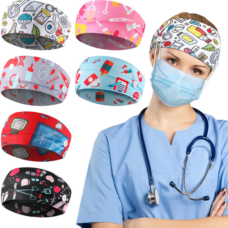 6 Pieces Button Headbands Non Slip Nurse Headbands Stretchy Headwraps Nonslip Yoga Sweatbands with Ear Protection Holder