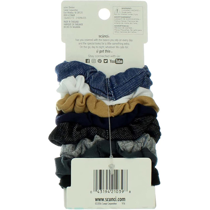 Scunci Effortless Beauty Mini Scrunchies Nodamage Assorted DenimColors Elastics 8 Count Ponytailers