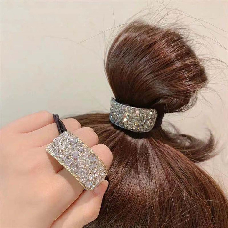 Xiwstar Rhinestone Glitter Ponytail Holder Hair Cuffs Elastic Hair Tie Band for Women Girls Scrunchies Pack of 2