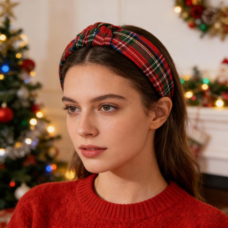 vokone Christmas Headbands for Women Red Plaid Knotted Headband Wide Hairband Christmas Holiday Party Headband Hair Acce