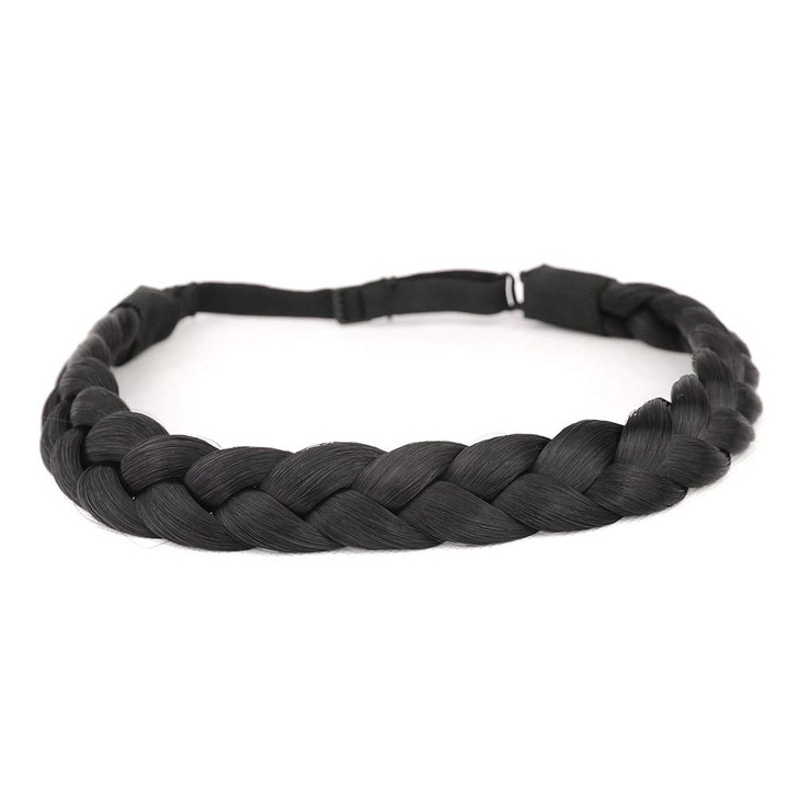 BOBIYA 3 Strands Synthetic Hair Natural Black Braided Headband Wide Plaited Braids Elastic Stretch Hairpiece for Women G