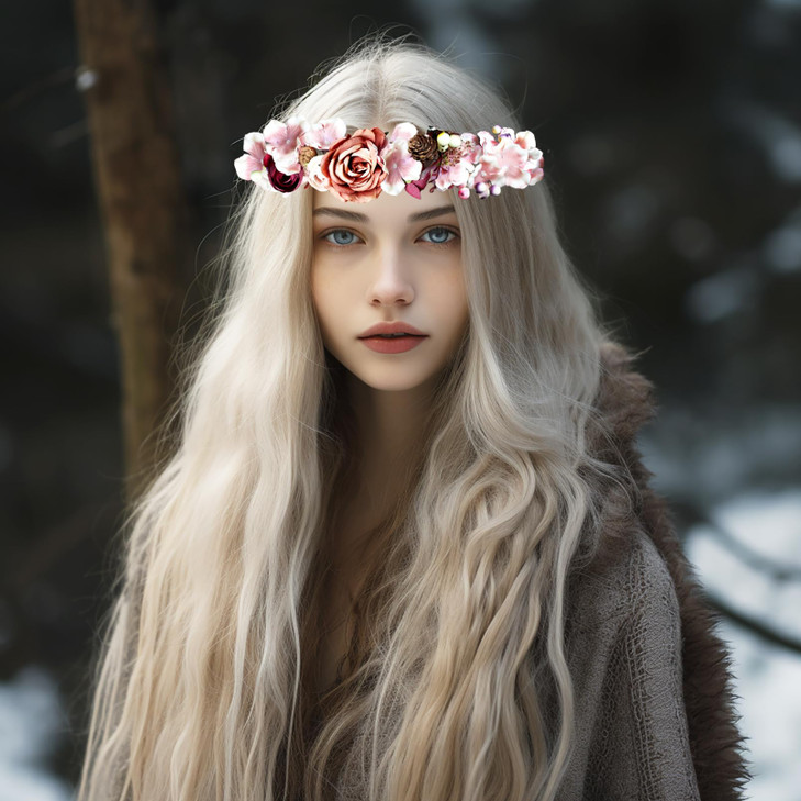 Vivivalue Floral Halo Boho Flower Headband Floral Crown Headpiece Hair Wreath with Ribbon Wedding Party Prom Photos Fest