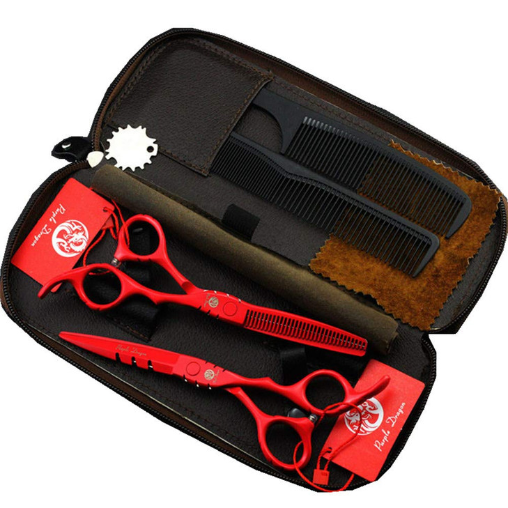 Purple Dragon Professional Japan 440C Hair Salon Cutting Shear and Barber Thinning Scissor Hairdressing Shear Set with B