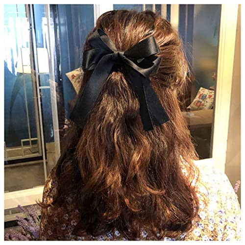 Allereyae Vintage Silk Bow Hair Clip Barrette French Silk Bow Head Clip Headwear Black Ribbon Bow Barrette Headpieces Si