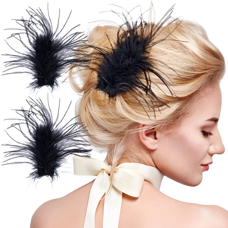 OIIKI 2Pcs Black Ostrich Hair Clip Feather Hairgrip Retro Hair Jewelry Accessories for Women Bride Party Festival Valent
