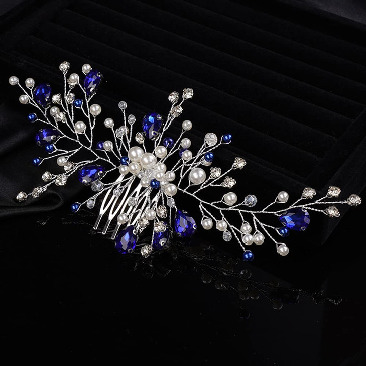 Teyglen Blue Crystal Bride Wedding Hair Comb Handmade Pearl Rhinestone Hair Pieces Hair Accessories for Bride Bridal Sid
