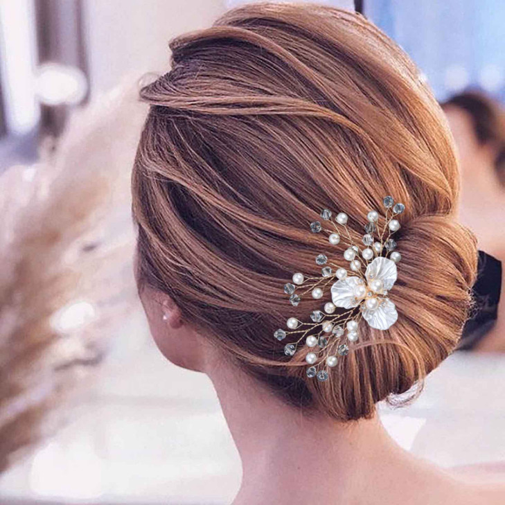 Zeshimb Wedding Flower Hair Pin Crystal Pearl Flower Bridal Hair Pieces Gold Pearl Rhinestone Floral Petal Hair Barrette