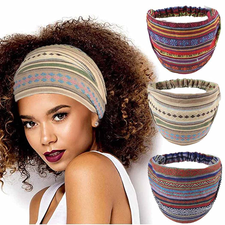 CAKURE Boho Wide Headbands African Head Wraps Stretchy Hairbands Stripe Turban Head Bands for Women and Girls Pack of 3