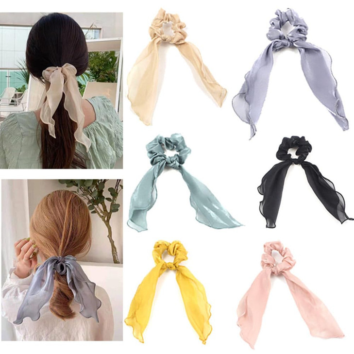 LOVEF 5pcs Womens Solid Colors Rabbit Ear Hair Bow Tie Bands Ponytail Holder Long Scrunchies Hair Accessories