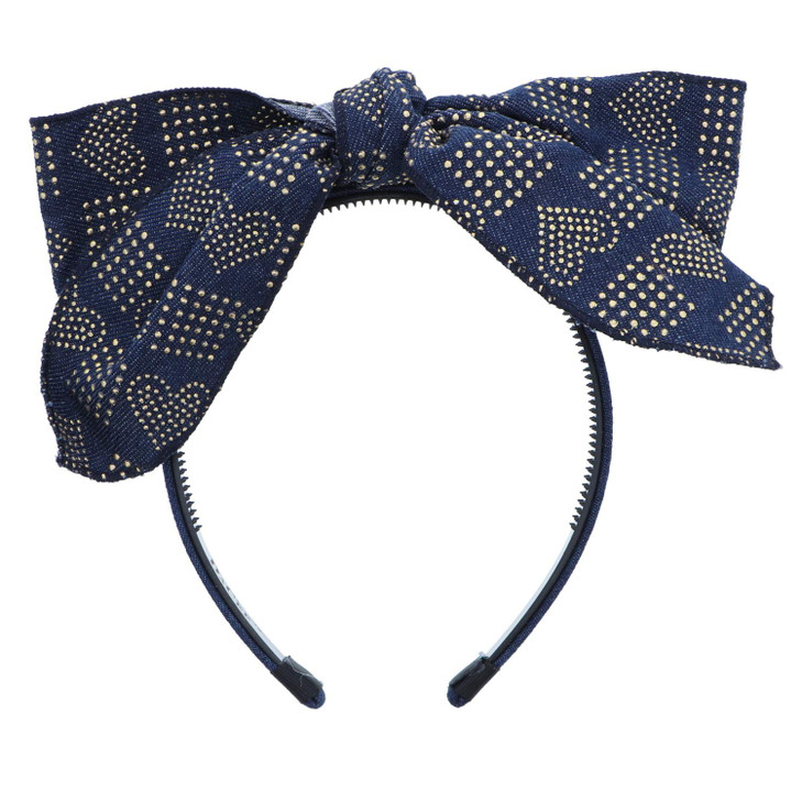 Denim Print Design with Tails Headband Gold Hearts