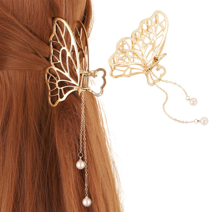 Gold Butterfly Hair Clips Tassel Hair Claw Clip with Pearl Design French Hair Barrettes Wedding Hair Accessories for Hai