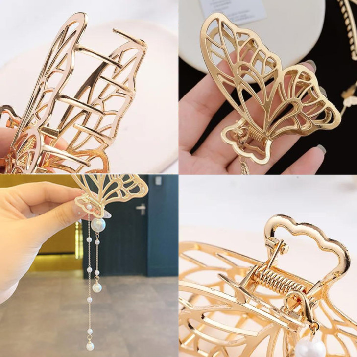 Gold Butterfly Hair Clips Tassel Hair Claw Clip with Pearl Design French Hair Barrettes Wedding Hair Accessories for Hai