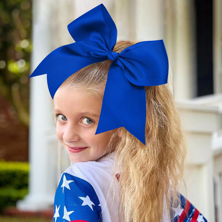 12PCS 8 Large Cheer Bow Blue Ponytail Holder Elastic Band Hair Ties Hair Bow Accessories for Cheerleading Teen Girls Hig