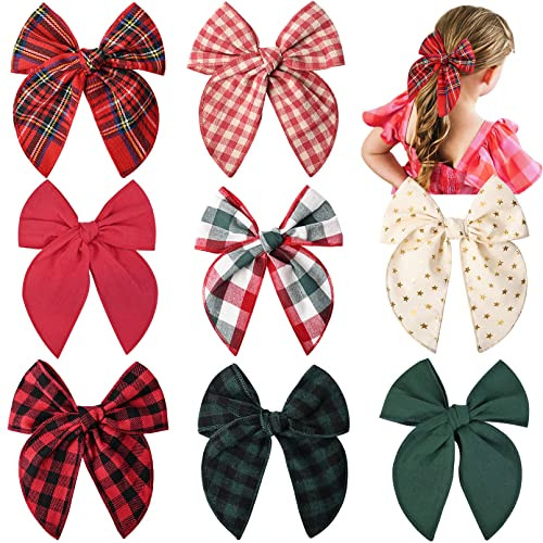 DEEKA 8 PCS Large Christmas Fable Hair Bows Cotton Linen Red and Black Plaid Hair Bow for Toddlers Girls Handmade Christ