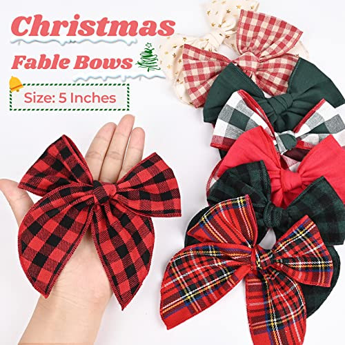 DEEKA 8 PCS Large Christmas Fable Hair Bows Cotton Linen Red and Black Plaid Hair Bow for Toddlers Girls Handmade Christ