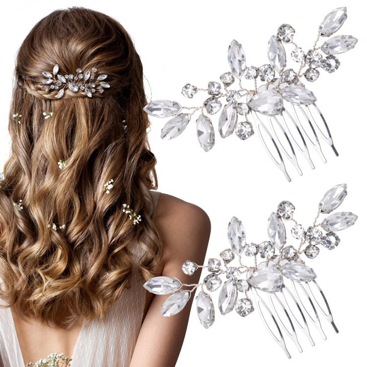 OIIKI 2PCS Silver Rhinestone Hair Combs Clear Rhinestones Metal Bridal Hair Comb Wedding Crystal Hair Accessories for Wo