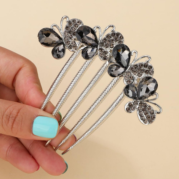 Chargances Bridal Butterfly Crystal Hair Comb Wedding Grey Rhinestone Gem Side Comb with Long Teeth Decorative Fashion H