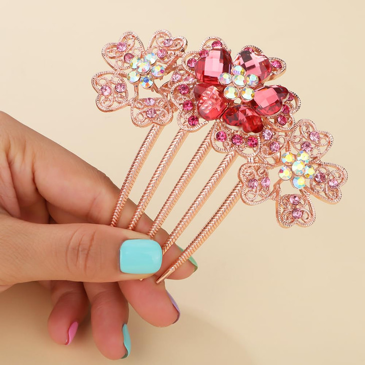 Chargances Luxury Sparkly Flower Rhinestone Hair Comb with Long Teeth Bridal Wedding Pink Floral Crystal Hair Side Comb