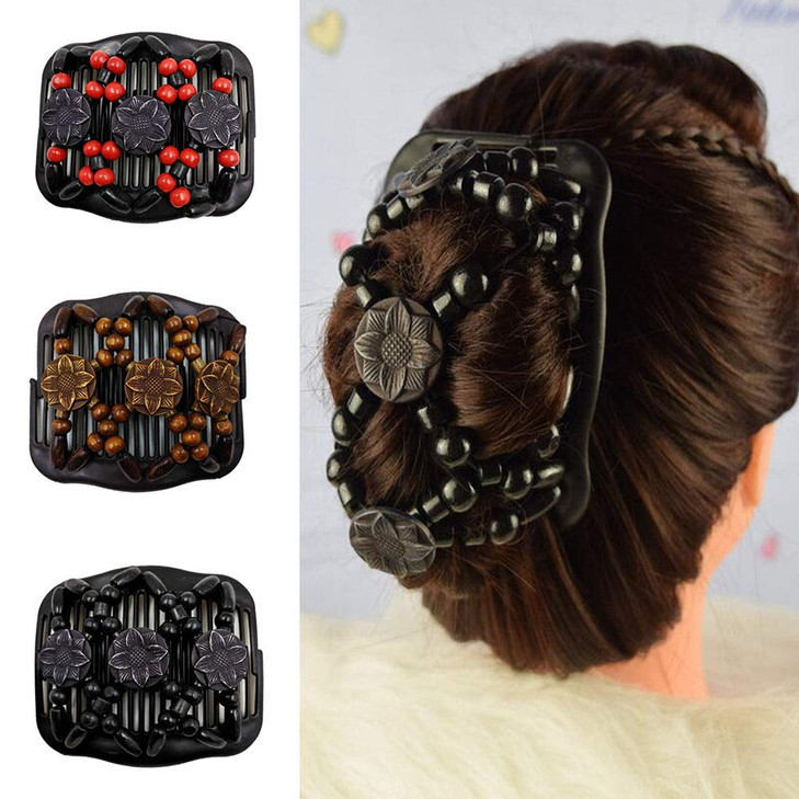 LOVEF 4 Pcs Wood Double Combs Magic Hair Clips Women Hair Combs Bun Maker Hair Accessories