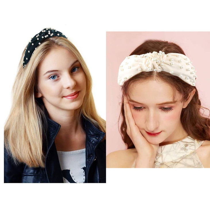 FEDANS Pearl Headbands Knotted Headbands for Women 3 Colors Knot Turban Headband Fashion Hair Bands Wide Headbands
