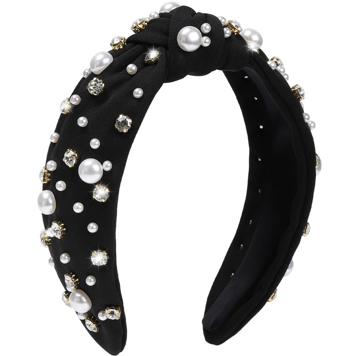 WantGor Pearl Knotted Headband Women Rhinestone Embellished Hairband Elegant Wide Top Knot Bride Headbands Headpieces Pa