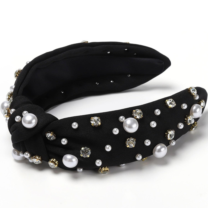 WantGor Pearl Knotted Headband Women Rhinestone Embellished Hairband Elegant Wide Top Knot Bride Headbands Headpieces Pa