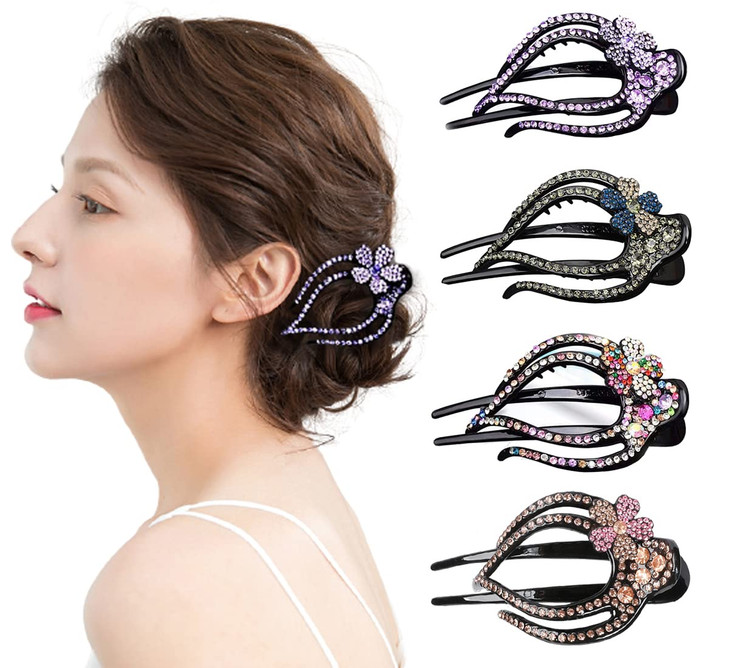Yusier 4PCS Heart Style Ponytail Duckbill Clips with Headdresses for Women Flower Rhinestone Barrettes Sparkly Prom Diam