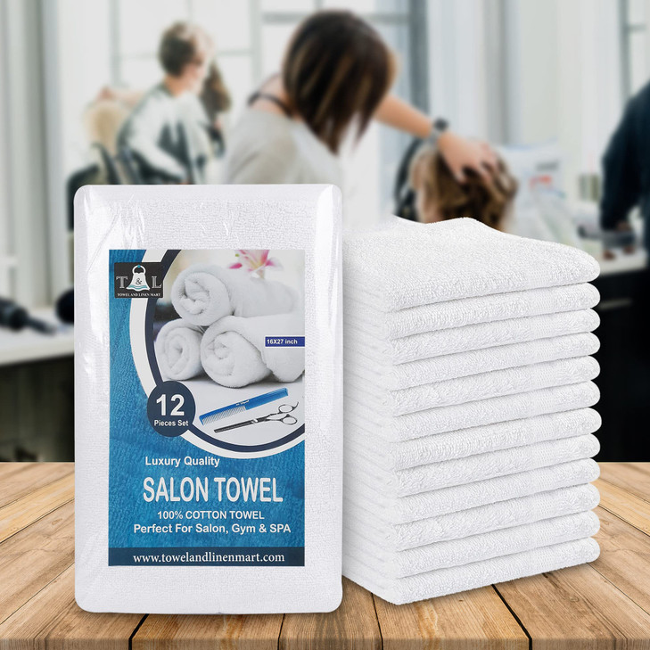 Towel and Linen Mart White Salon Towels Pack of 12 Not Bleach Proof 16 x 27 Inches Highly Absorbent Towels for Hand Salo