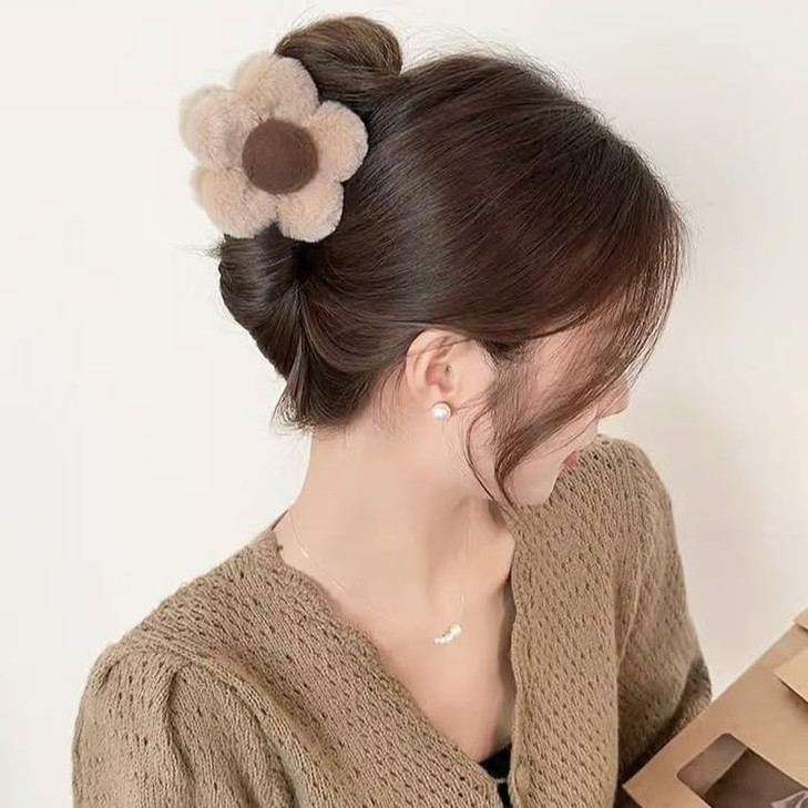 Flower Hair Clips for Women Girls Cute Kawaii Fluffy Claw Clip for Long Curly Thick Thin Hair Brown Medium Plastic Jaw C