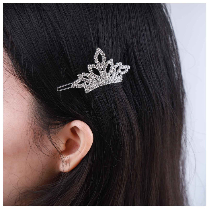 Allereyae Crystal Tiaras Crown Hair Clip Barrette Rhinestone Crown Hairpins Barrette Silver CZ Crown Head Clip Headwear