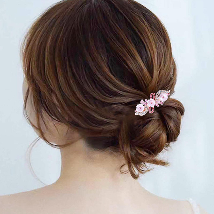 YienDoo Fancy Bridal Rhinestone Hair Clip Pin Barrette Pink Flower Bow Crystal Hairpins Barrette Sparkly Glitter Wedding