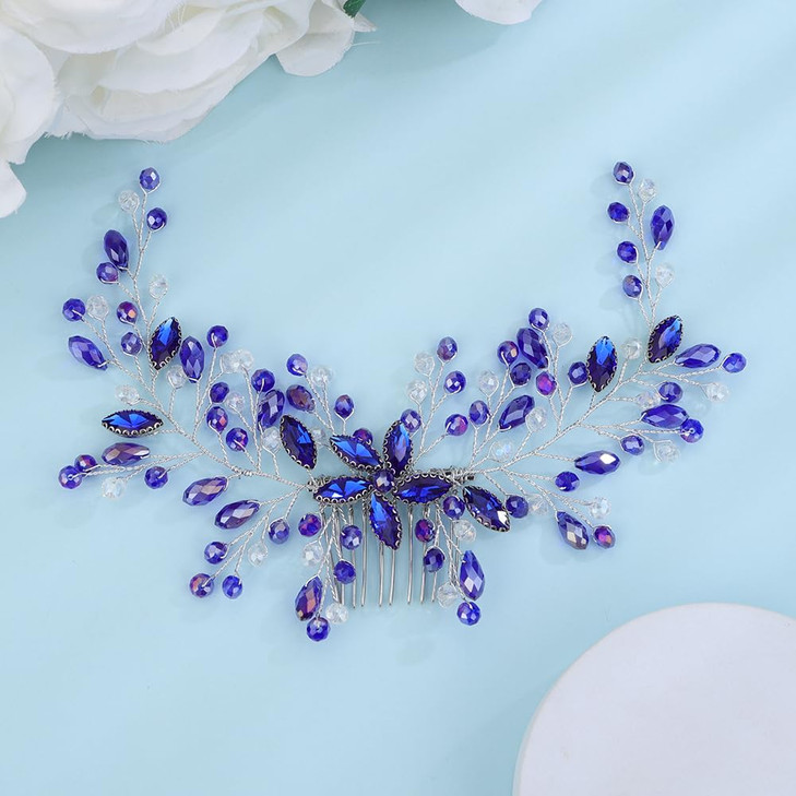 Teyglen Flower Wedding Hair Comb Bridal Blue Rhinestone Hair Comb Headband Wedding Hair Accessories Flower Headpiece Bri
