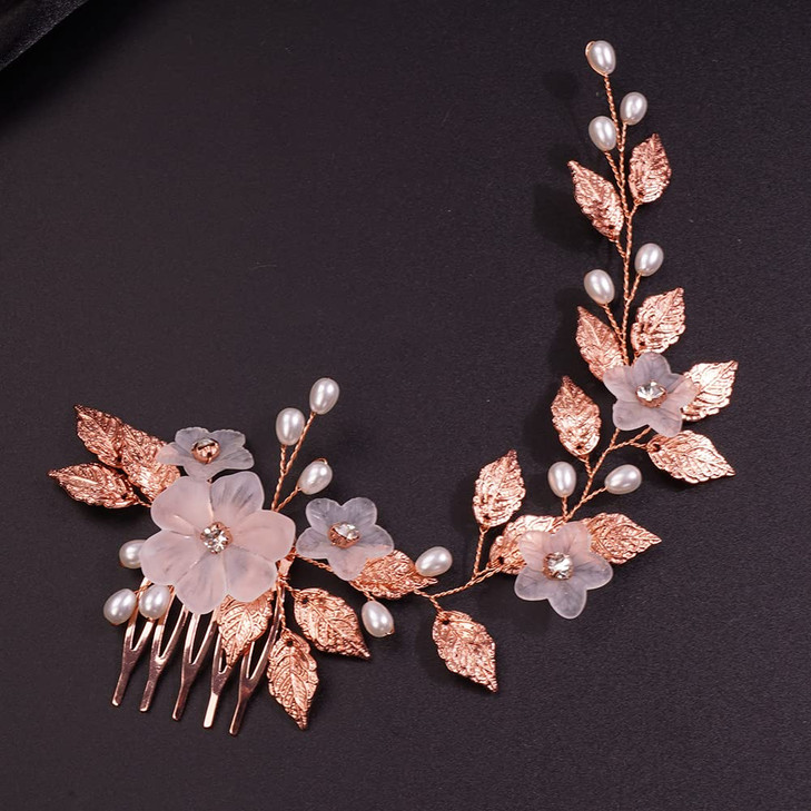 Teyglen Bride Wedding Flower Hair Comb Crystal Leaf Pearl Side Hair Comb Bridal Rhinestone Hair Pieces Hair Accessories